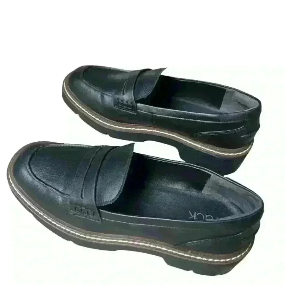 Nordstrom Rack Chunky Black Leather Lug Sole Penny Loafer Women Size 8M Platform